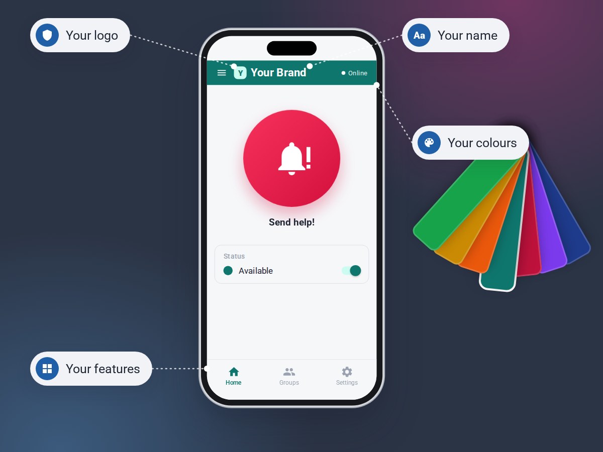 The mobile safety app in your own brand: your name, logo, colours and features after login
